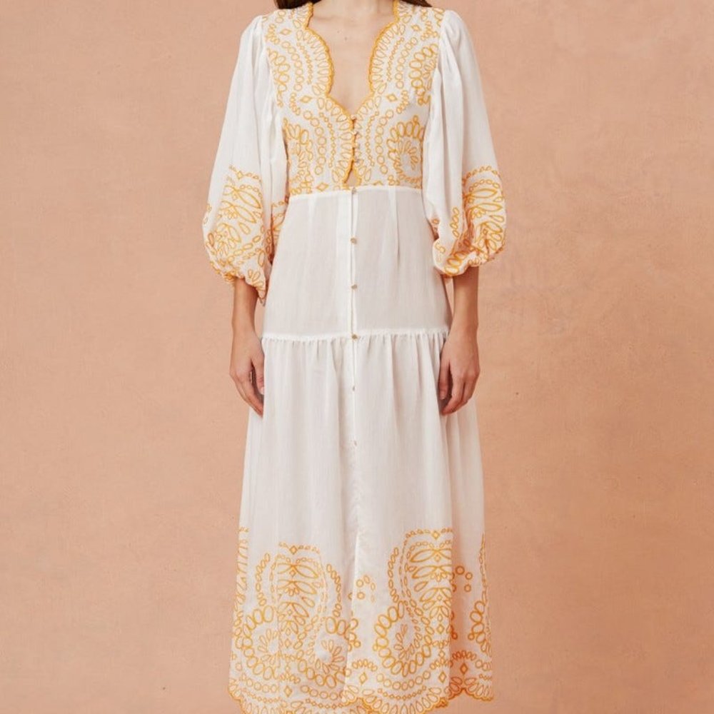 KEEPSAKE the Label White Midi Dress with Yellow Embroidery